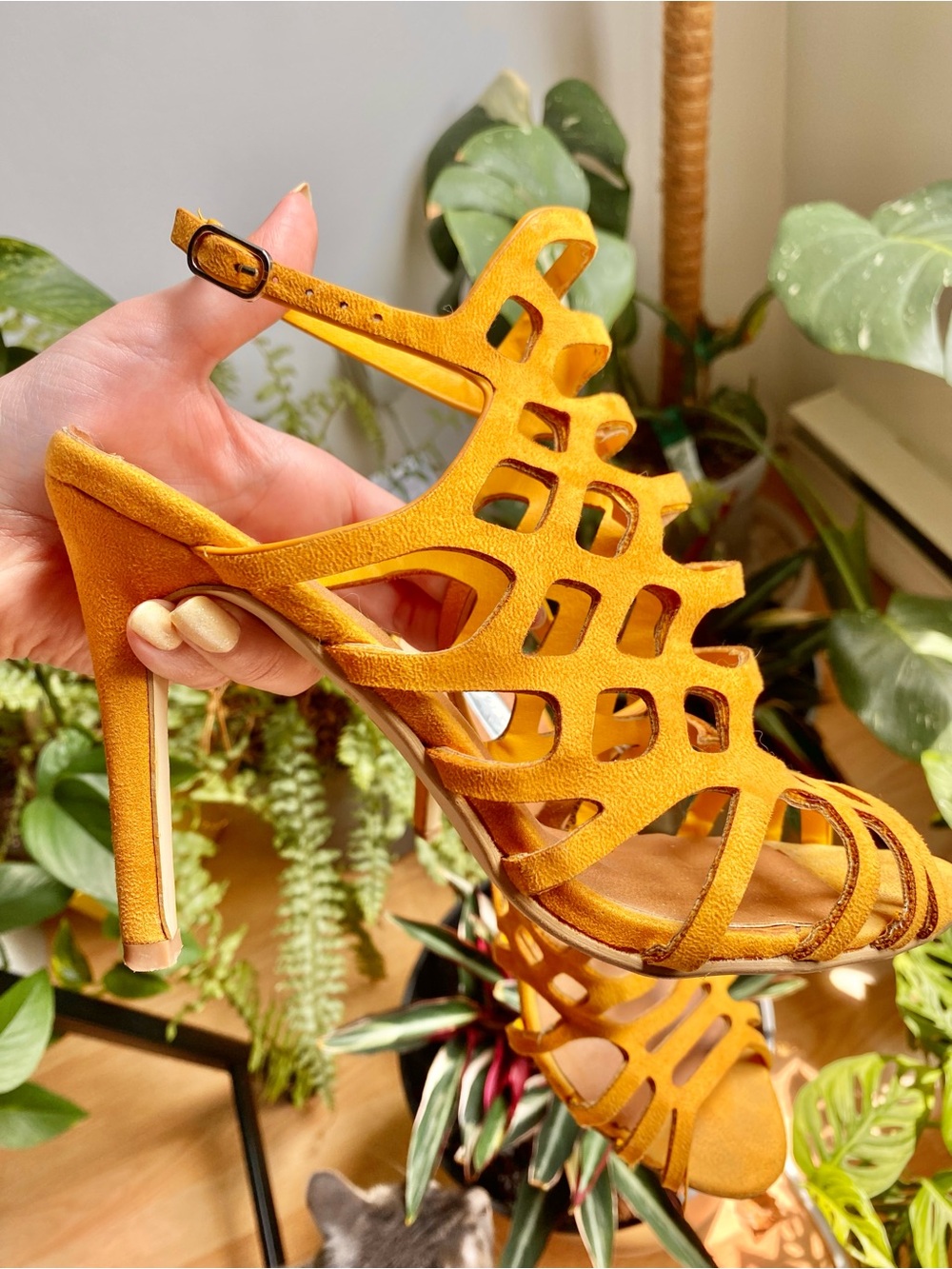 Suede Cutout High Heel Sandals - Mustard Yellow